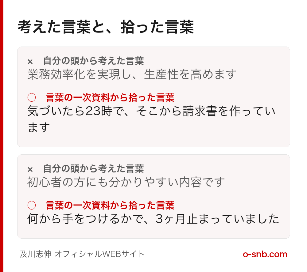 自分の頭から考えた言葉と、言葉の一次資料から拾った言葉を並べて比べた図