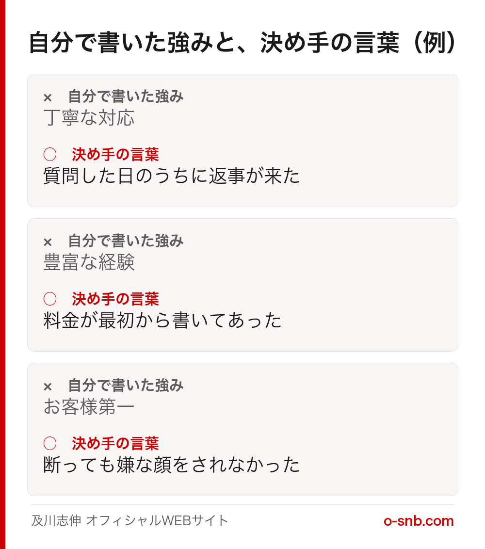 自分で書いた強みと決め手の言葉の比較例。丁寧な対応と質問した日のうちに返事が来た、豊富な経験と料金が最初から書いてあった、お客様第一と断っても嫌な顔をされなかった